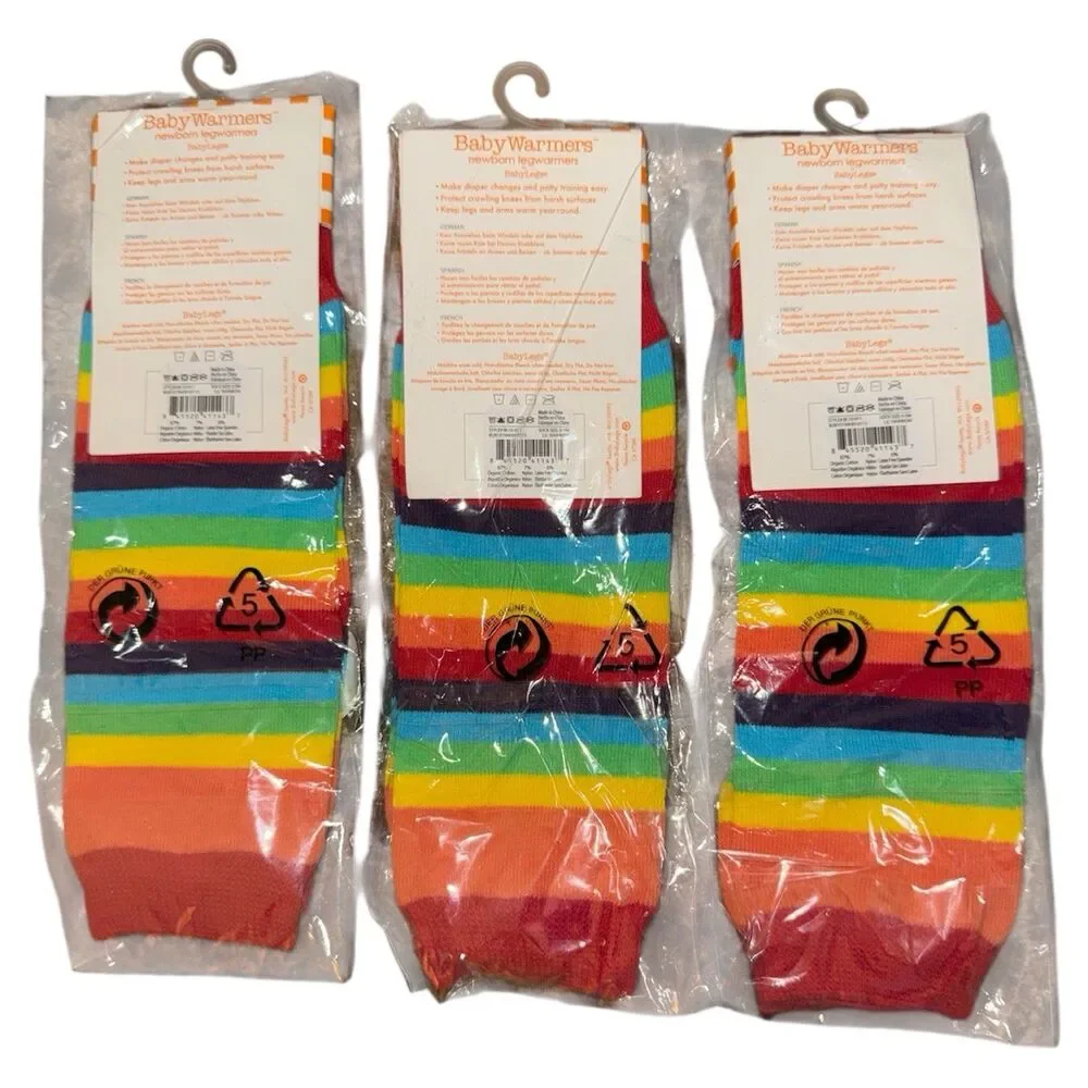 3 BabyLegs Organic Cotton Leg Warmers, Rainbow Striped 0-3M New